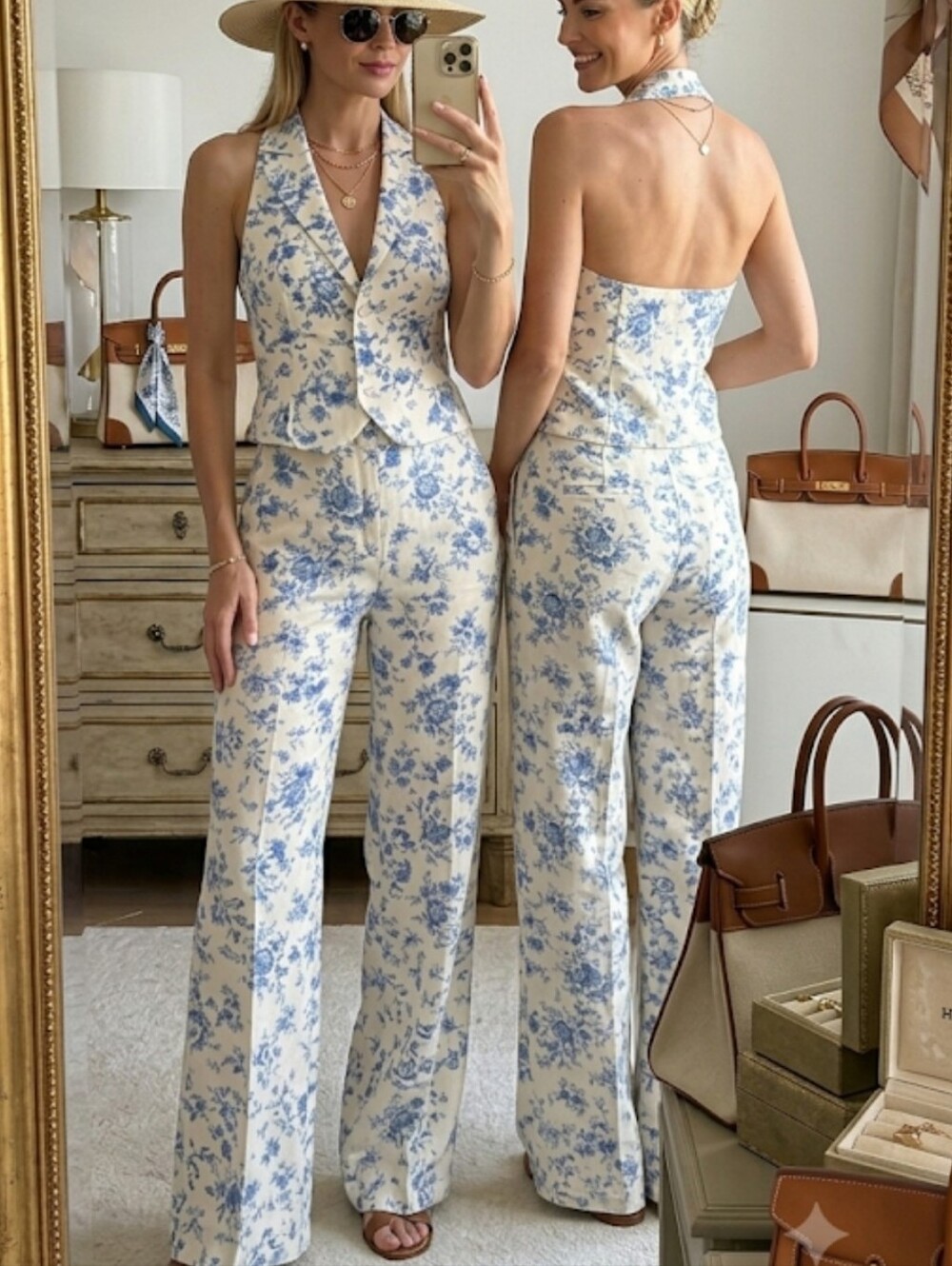 Jason Wu Floral Toile Linen Blend Halter Vest Wide Leg Pants 2 Piece Resort Set - Picture 3 of 15